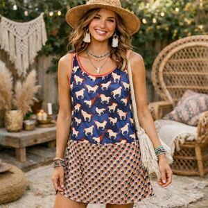 Pink Martini Boho Horse Print Mini Dress | Sleeveless Colorblock Shift Festival